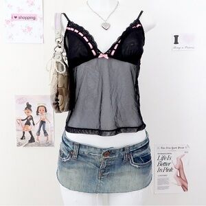 Y2K Black Mesh Pink Lace Cami Top — Scene / Grunge Bimbo Lingerie Style